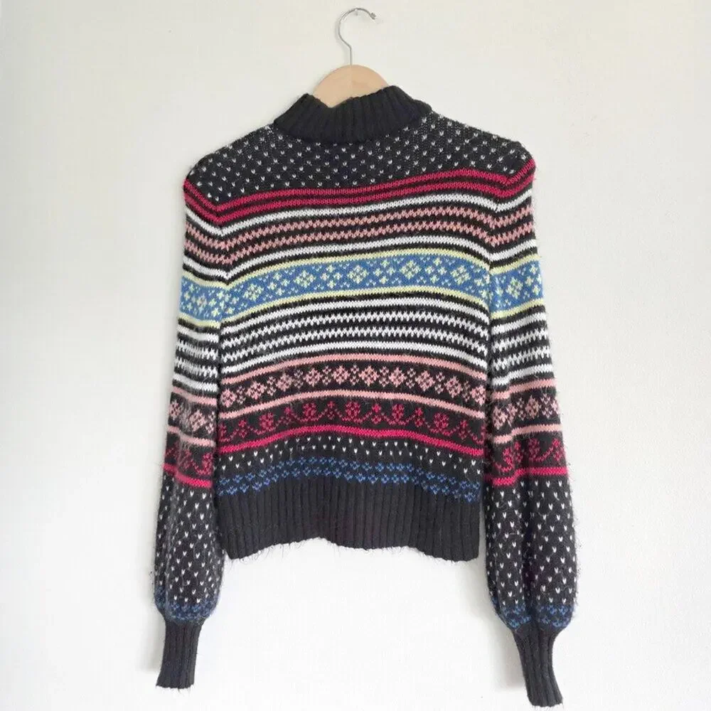 American Eagle Fair Isle Mock Neck Sweater Small Black Multi Color Knit Boho Coz